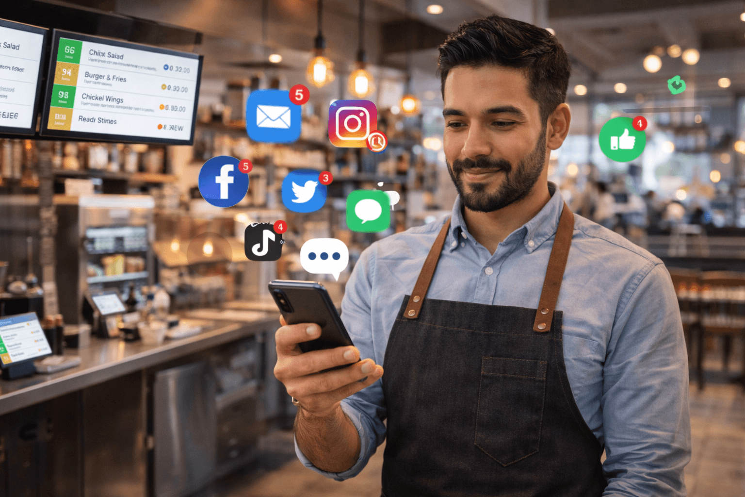 Restaurant Owner with Social Media Icons