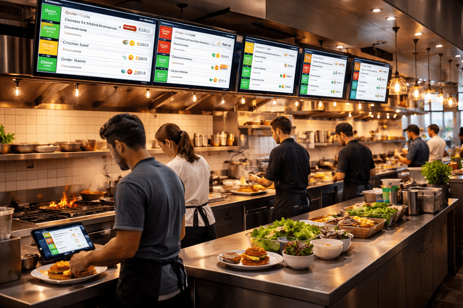 Busy Kitchen with Ordering Screens