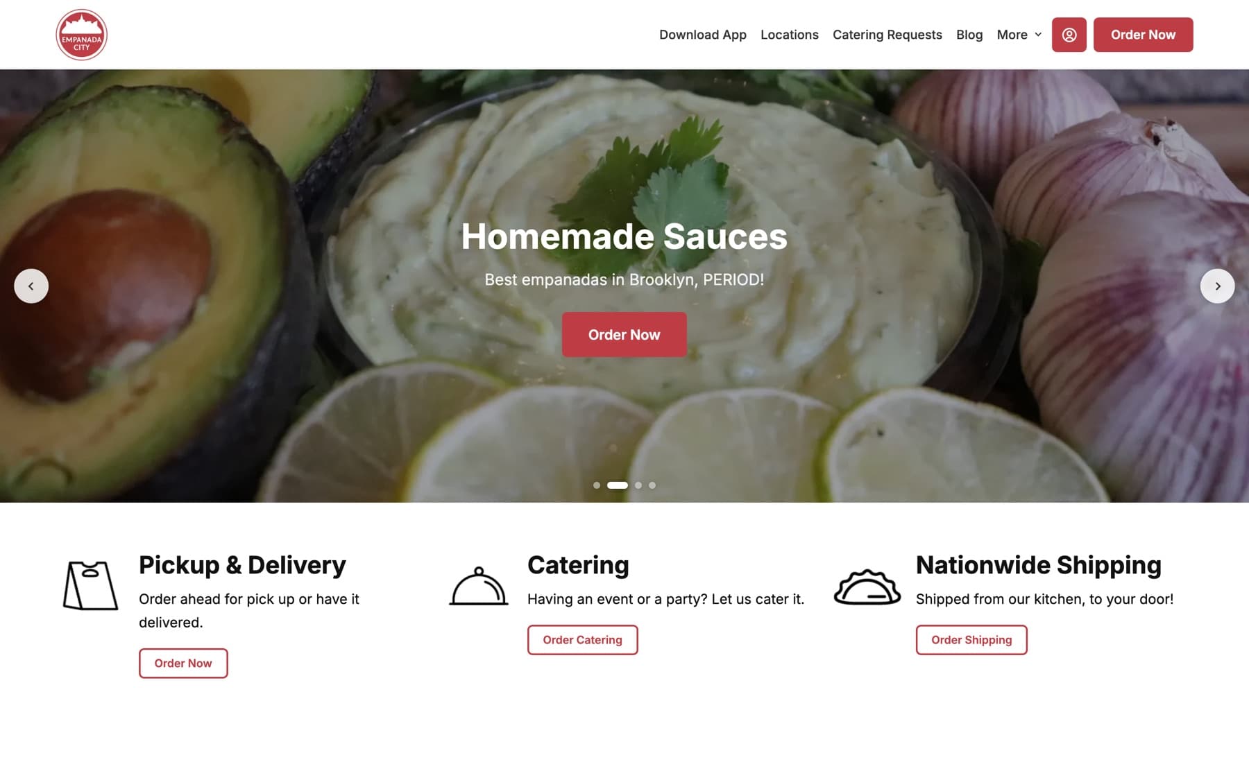 The Empanada City ordering website on a laptop, showing a full-width food photo with an Order Now button, and pickup, catering and shipping options beneath it.