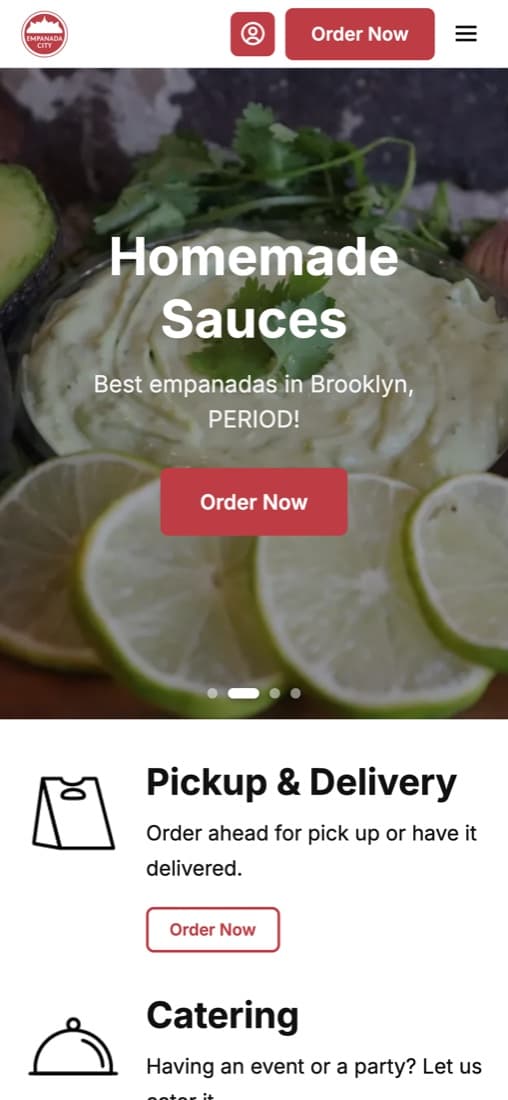 The same Empanada City ordering website on a phone, reflowed to one column with a menu button and the same Order Now call to action.