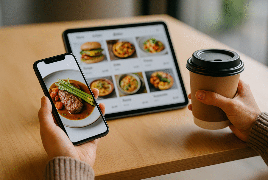 Customer with mobile app and website open